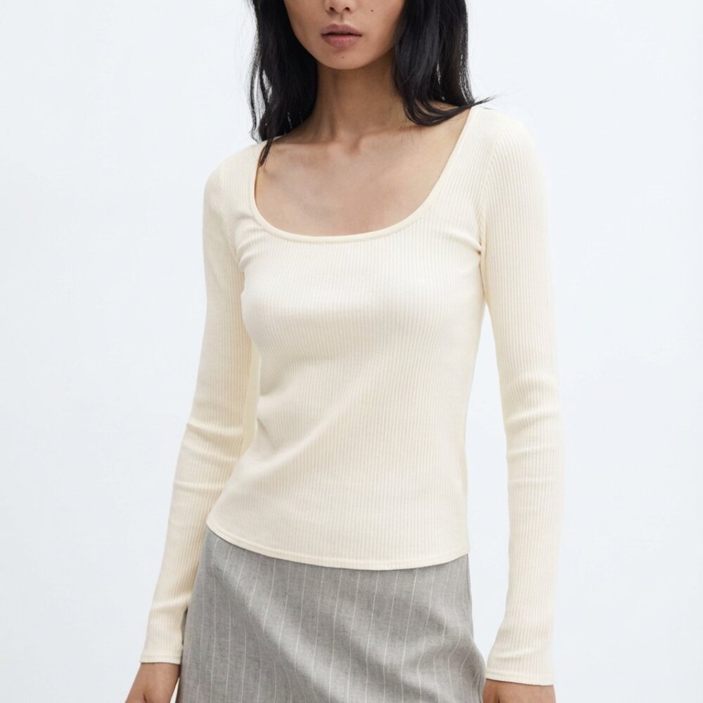 NWT Mango Cream Ribbed Scoop Neck Top, Size S